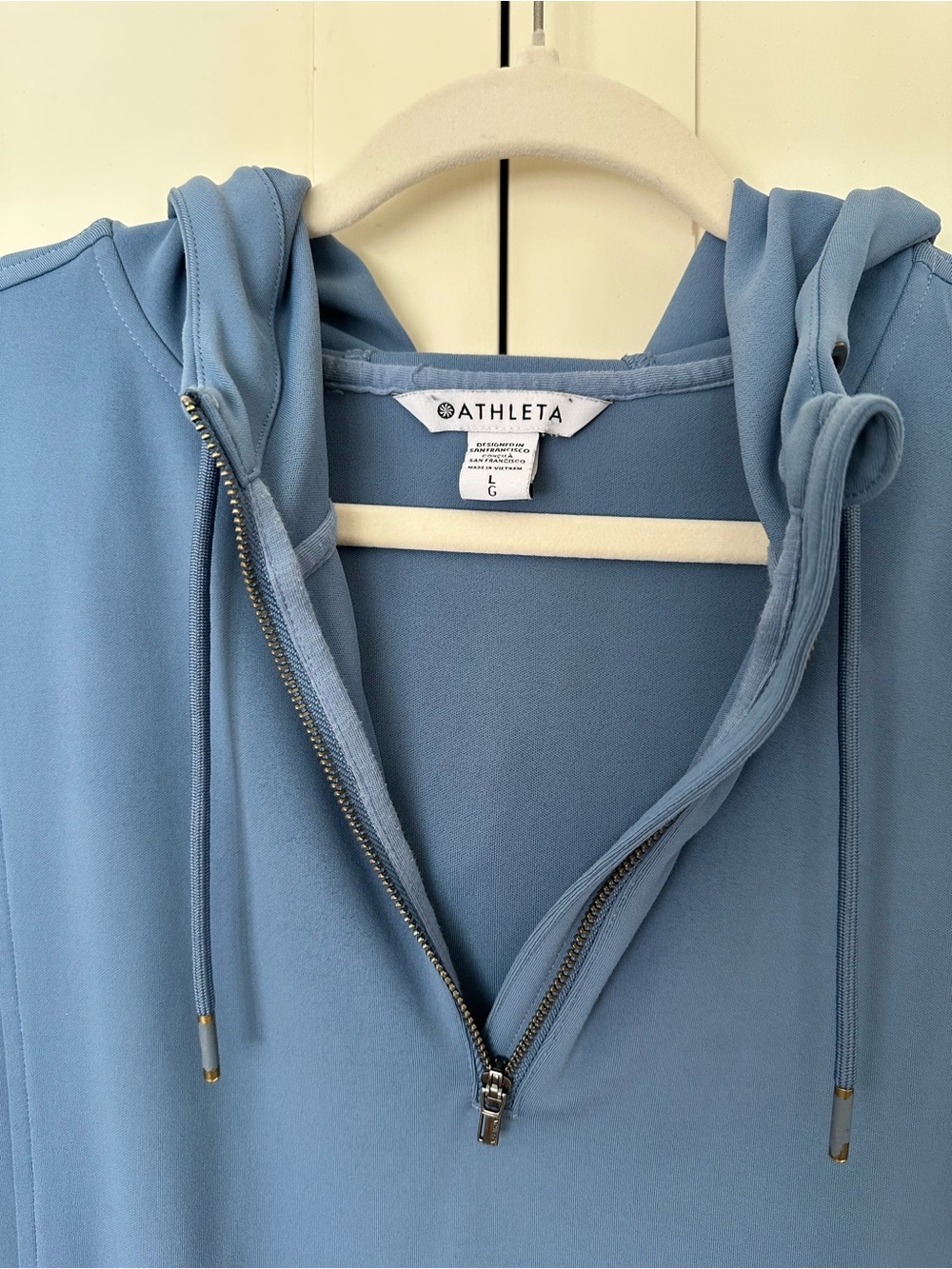 Athleta Venice Moto Hoodie Blue Size L Pullover 1/4 Zip Pockets Athleisure - Picture 2 of 7
